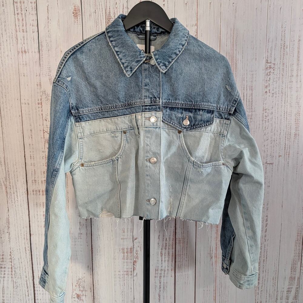 Zara Jacket Womens M Blue Colorblock Cropped Raw Hem Distressed Cottagecoe Boho